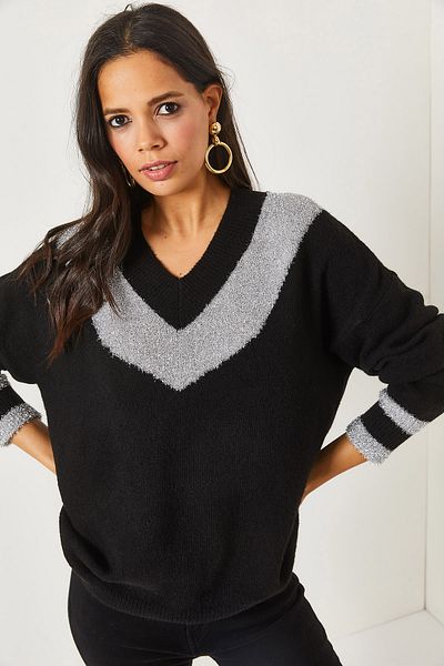 Olalook Pulover negru cu decolteu în V, cu sclipici, din tricot cu textura moale KZK-19000587