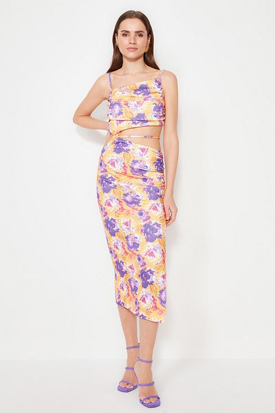 Trendyol Collection Colorful Flower Patterned Gathered Short Evening Dress - TPRSS22EL0960