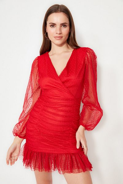 Trendyol Collection Rövid, elegáns, piros, drapériás tüll estélyi ruha - TPRSS20EL0317