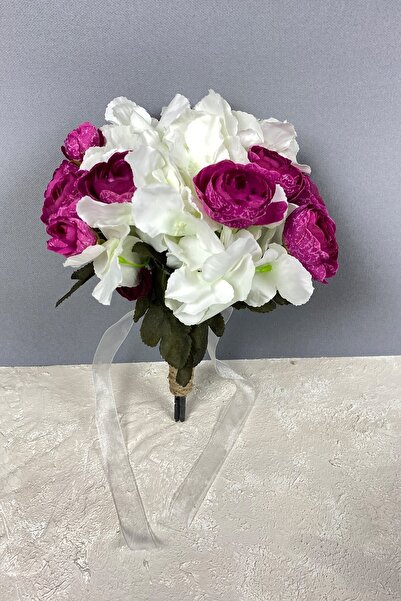 Bontex Floare artificială de mireasă, hortensie fucsia închisă, crin, buchet ...