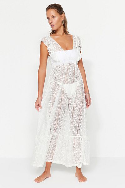 Trendyol Collection Біла пляжна сукня максі з тканими оборками TBESS23EL00109