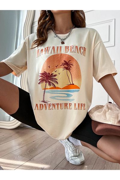 Machetta Μπλουζάκι μεγάλου μεγέθους Hawaii Beach Adventure Life με στάμπα μπεζ Oversize