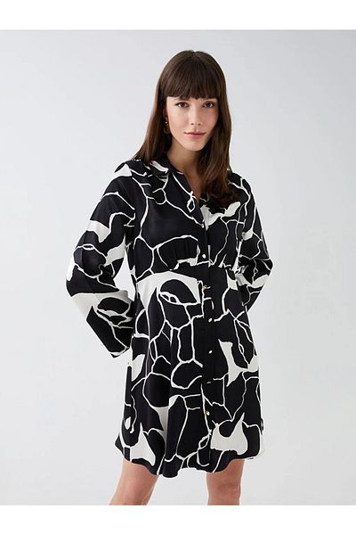 LC Waikiki Rochie de damă din satin cu mânecă lungă cu model cu guler cămașă