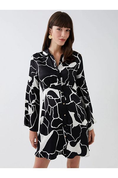 LC Waikiki Rochie de damă din satin cu mânecă lungă cu model cu guler cămașă
