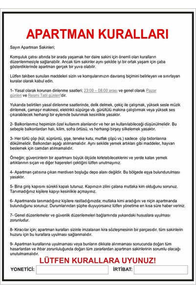 43 cici süsler organizasyon Apartman Kuralları 30x42 Cm Pvc Kaplı Afiş