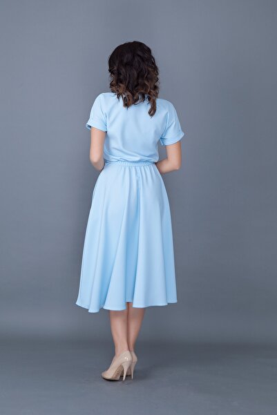 lovebox Women's Flexible Atlas Fabric Elastic Waist Pocket Detailed Round Collar Baby Blue Flared Midi Dress 222