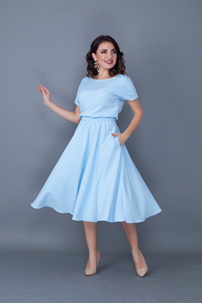 lovebox Women's Flexible Atlas Fabric Elastic Waist Pocket Detailed Round Collar Baby Blue Flared Midi Dress 222