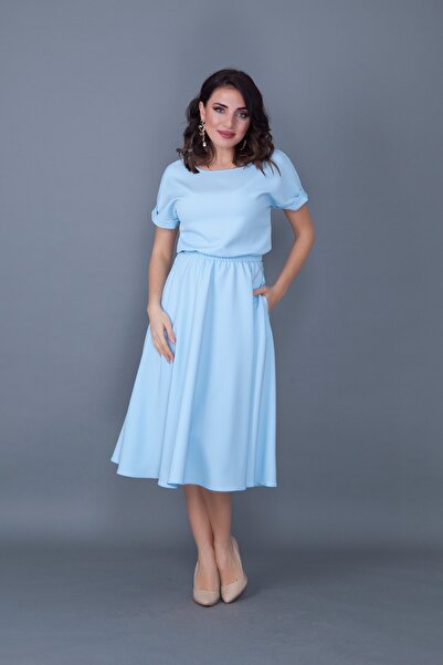 lovebox Women's Flexible Atlas Fabric Elastic Waist Pocket Detailed Round Collar Baby Blue Flared Midi Dress 222