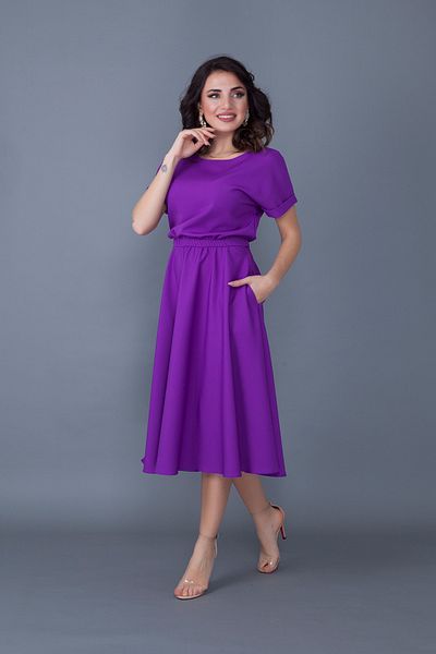 lovebox Women's Flexible Atlas Fabric Elastic Waist Pocket Detailed Round Collar Light Purple Flared Midi Dress 222
