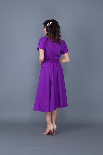 lovebox Women's Flexible Atlas Fabric Elastic Waist Pocket Detailed Round Collar Light Purple Flared Midi Dress 222