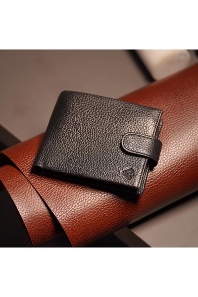 Eminsa Black Genuine Leather Men's Wallet with Snap Fasteners