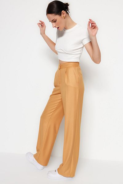 Trendyol Collection Camel Straight Fit Wide Leg Woven Trousers TWOAW22PL0321