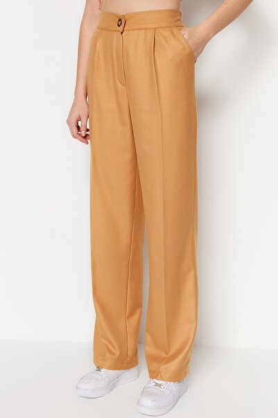 Trendyol Collection Camel Straight Fit Wide Leg Woven Kalhoty TWOAW22PL0321