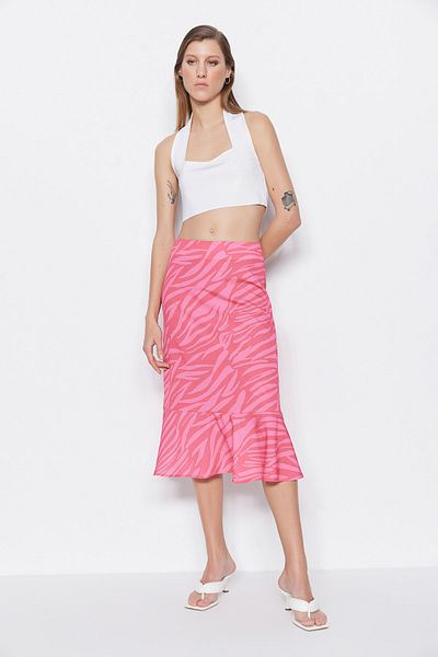Trendyol Collection Rózsaszín midi szőtt szoknya - Flounce End és mintás TWOAW20ET0241