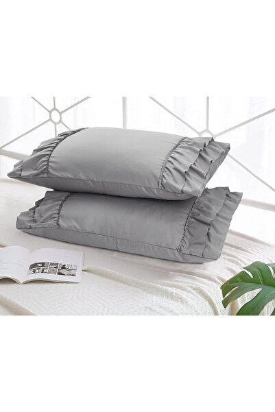 EVYA Natural 100% Cotton Ruffle Decor Pillow Case 30x50 Cm 2 Pieces Gray Color