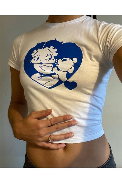 Touz Dog In Heart Printed White Crop