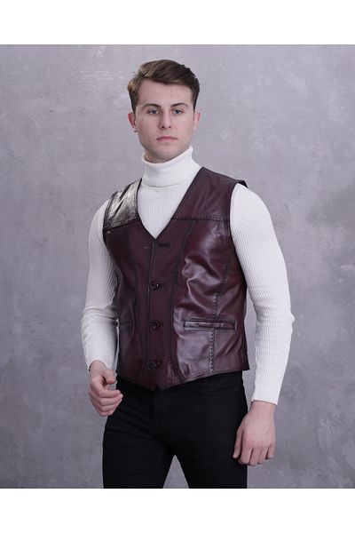 CE-YIL DERİ ÜRÜNLERİ Men's Genuine Leather Claret Red Vest