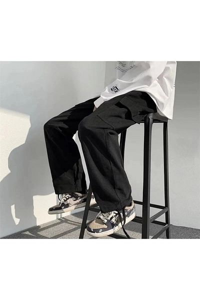 ellevana Black Colored Cargo Pocket Wide Leg Unisex Relaxed Pants