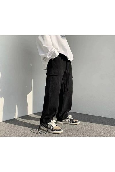 ellevana Black Colored Cargo Pocket Wide Leg Unisex Relaxed Pants