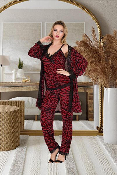 İzabel Red Black Animal Patterned Thin Strap Women's Pajama Set