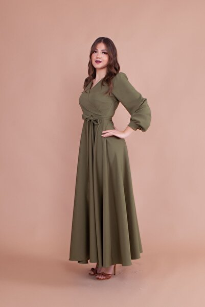 lovebox Women's Flexible Atlas Fabric Belt Detailed Double Breasted Collar Long Sleeve Khaki Maxi Dress 110