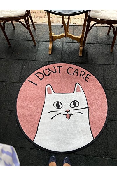 Rugs Modern Halı Mira 1067 I Don't Care Yazılı Kedi Figürlü Yuvarlak Dokuma T...