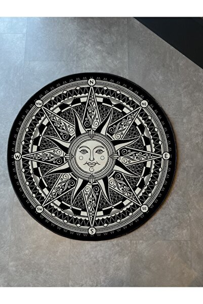 Rugs Modern Halı Mira 920 Güneş Pusula Temalı Siyah Beyaz Yuvarlak Halı
