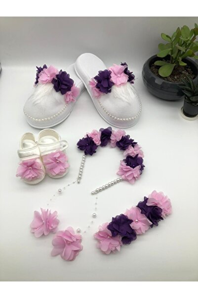 ArdaStore Anne Bebek Logusa Seti Mor Pembe Çiçekli Terlik Taç Bandana Patik