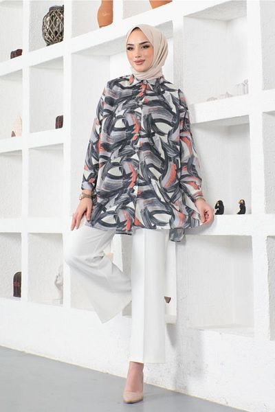 benguen 8884 Patterned Hijab Shirt Black