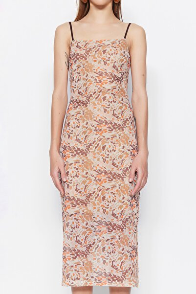 Trendyol Collection Кафява миди еластична плетена рокля с квадратно деколте и тюл с презрамки TWOSS22EL00726