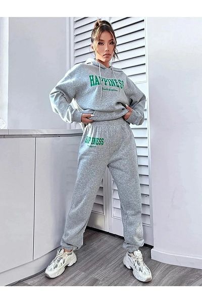 mercoledi Dámská šedá tepláková souprava Happiness Bottom Top Oversize s kapucí