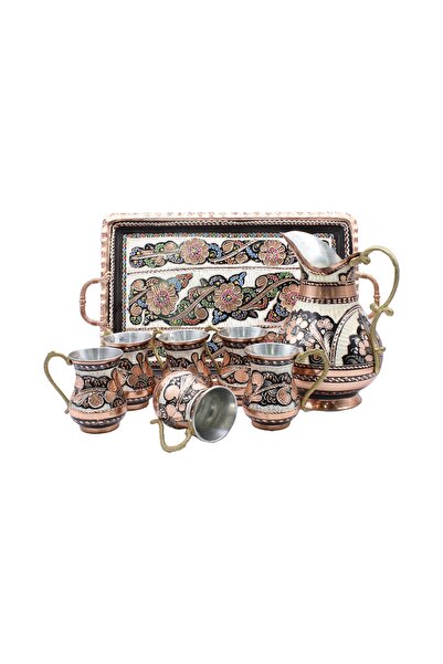 COPPERDONE Erzincan El Işlemeli Siyah Bakır Ayran Ve Içecek Seti Dikdörtgen Tepsili 6 Kişilik