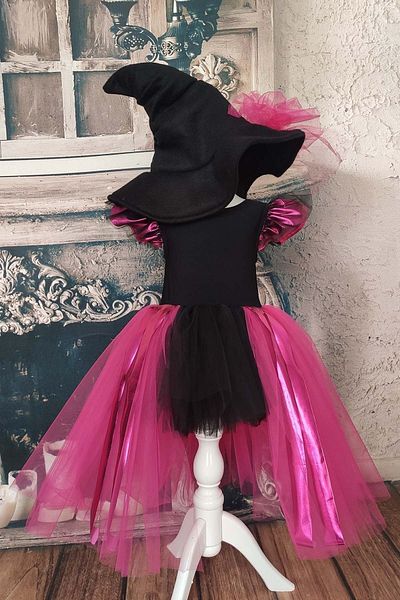 Shecco Babba Fuchsia Black Asymmetrical Girl's Tutu Witch Dress and Hat, Birthday Dress