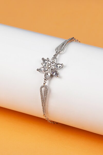 klas gümüş Beyaz Taşlı Rodaj Lotus Çiçeği Bileklik-925 Ayar Gümüş