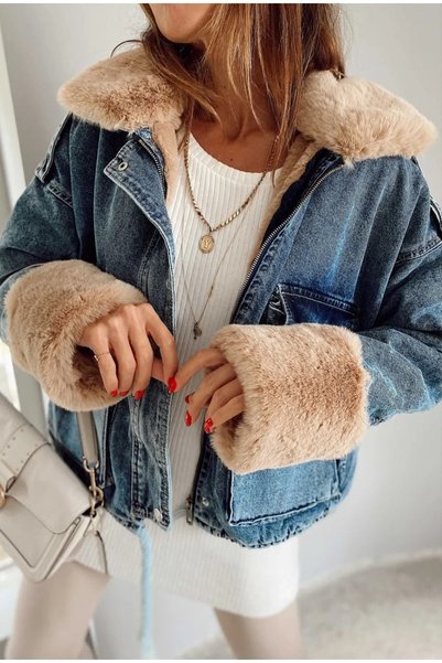 AHALİ TEKSTİL Kısa Kürklü Denim Kadın Mont