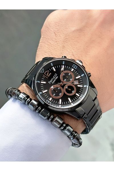 Ferrucci Black Color Steel Strap Functional Men's Wristwatch Bracelet Gift