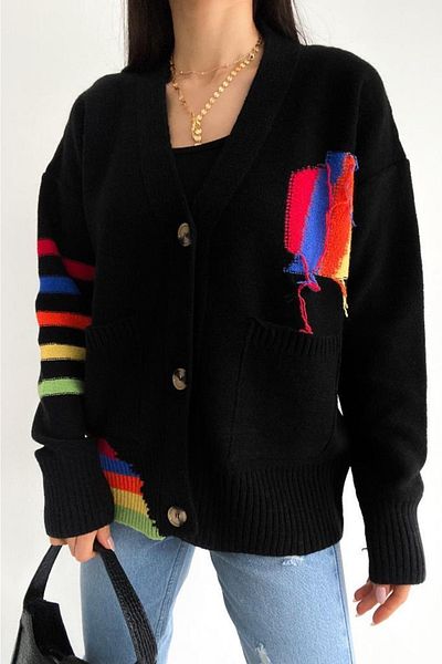 FEMELLE Design nou sezon pentru femei, cu buzunar dublu, fir colorat, detaliat, tricotaj supradimensionat de primă calitate, cardigan