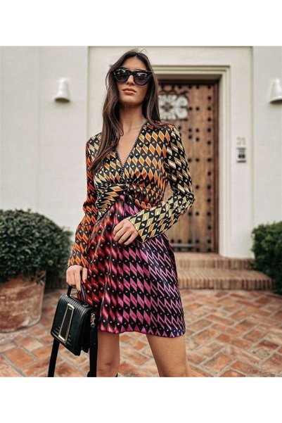 Çnru Geometric Pattern Short Dress