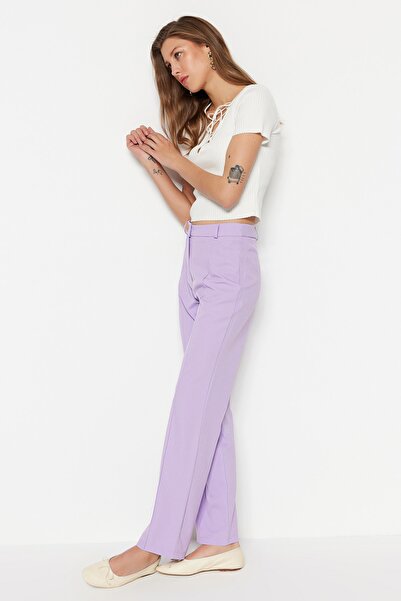 Trendyol Collection Lilac Straight High Waist Ribbed Stitched Woven Trousers TWOSS21PL0093