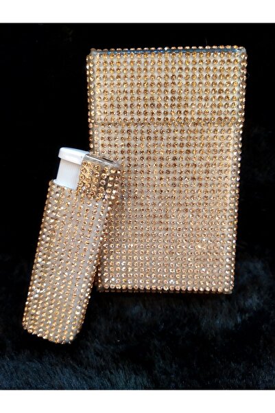 NESGIFT Parlak Gold Taş Kaplama Kısa Kalın Sigara Kutusu Ve Çakmak Seti