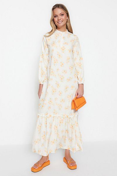 Trendyol Modest Oranžová květinová polovina sukně Tkané šaty s volánkovou podšívkou TCTSS21EL3353