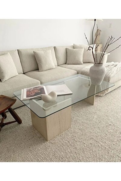 ArteMarble Arte Marble Traverten Ayaklı Cam Orta Sehpa