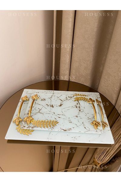 Housess 2-Piece Promise Engagement Henna Tray White Leaf Decorative Rectangular Tray