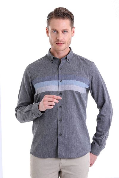 Hatemoğlu Μπλε Navy Comfort Fit μονόχρωμο γιακά με μακρυμάνικο πουκάμισο φανέλα