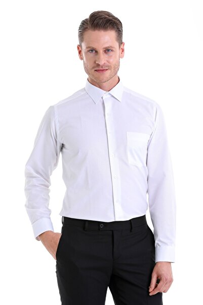 Hatemoğlu White Classic Fit Patterned Cotton Slim Collar Long Sleeve Classic ...