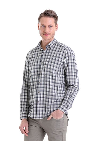 Hatemoğlu Gray Classic Fit Checkered Slim Collar Long Sleeve Casual Flannel Shirt