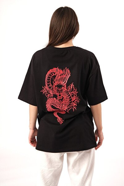 Pasage Oversize Dragon Printed Black Tshirt