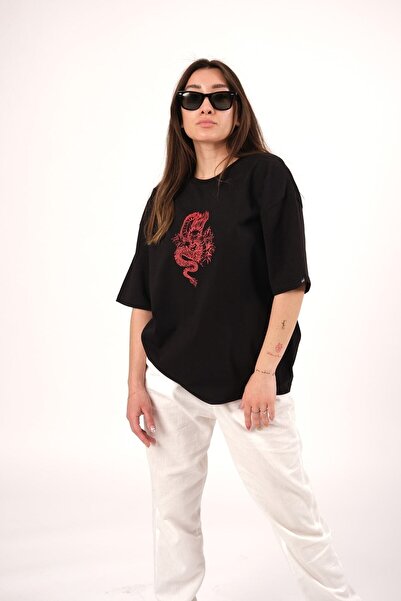 Pasage Oversize Dragon Printed Black Tshirt