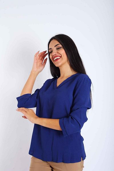 Blues Outlet Bluză de damă cu guler și mâneci cu cusături cu decolteu în V-albastru