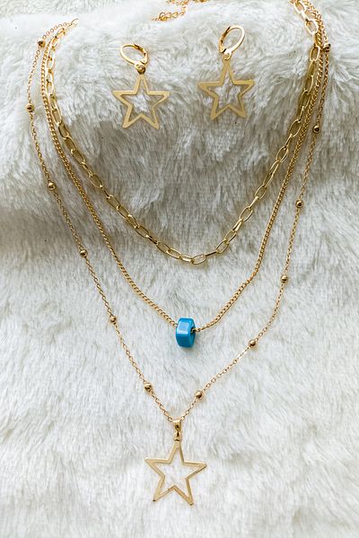 BİJUTERİ EVİ Star Figured Evil Eye Beaded Multiple Necklace Earrings Set